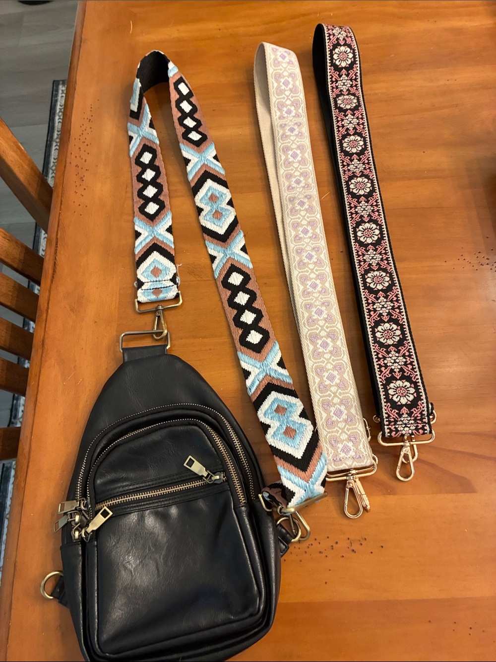 Black Leather Crossbody with 4 Interchangeable Blue & Cream Embroidered Straps